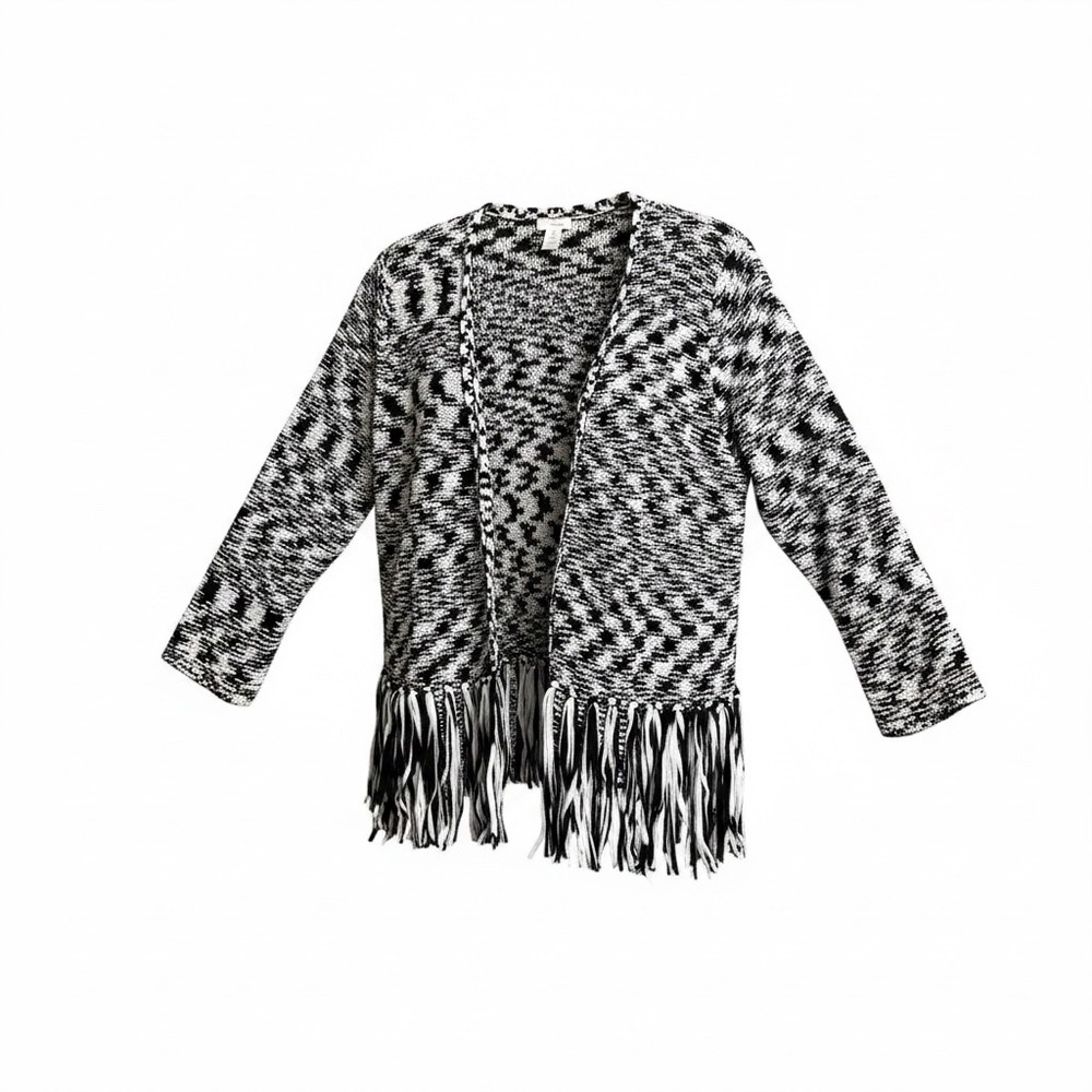 Chicos Black White Space Dye Fringe Open Front Cardigan Sweater Artsy Boho 1 M‎